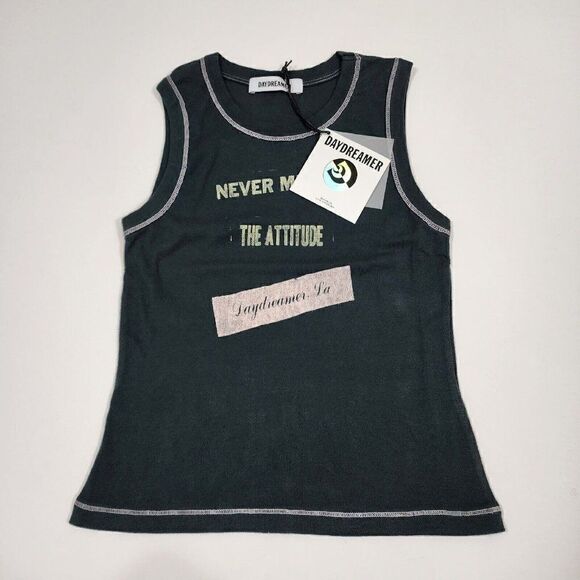 Nwt Daydreamer XS Never Mind the Attitude Baby Tee Muscle Tank Top Vintage Black - Picture 3 of 5
